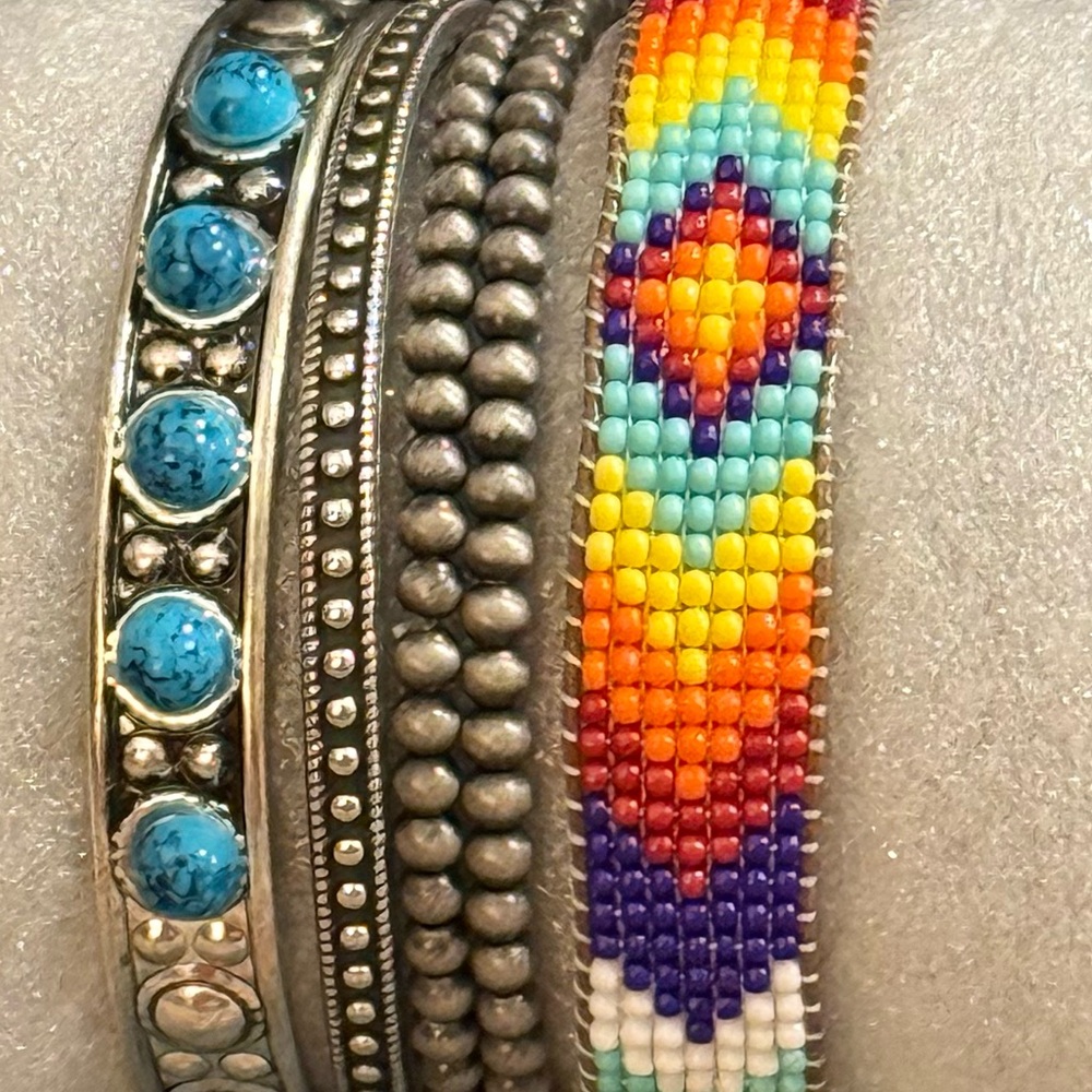 Tribal Sterling Silver Plated Turquoise Bead Urban Cowgirl Pearls Bracelets Set